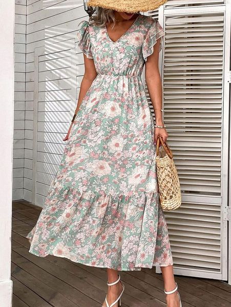 

floral print butterfly sleeve ruffle hem dress e5ed#, Black;gray