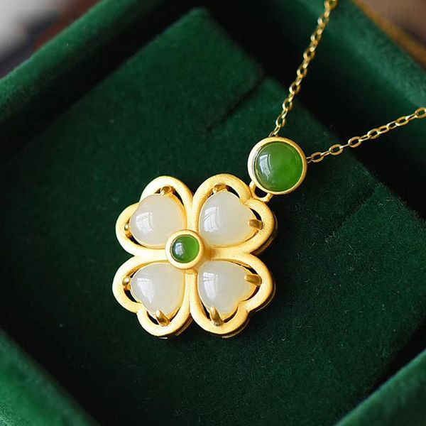 

lockets vintage white green jade gemstones clover pendant necklaces for women 18k gold color choker jewelry bijoux fashion party gifts, Silver