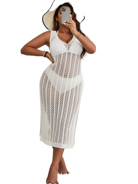 

plus hollow out split thigh cover up dress without bikini i4nf#, Black