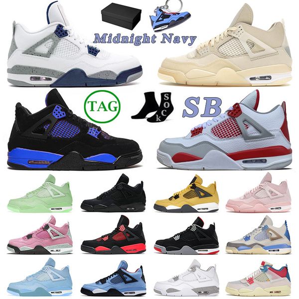 

with box mens womens jumpman 4 4s iv designer basketball shoes j4 blue thunder retro midnight navy sb bred cactus jack sports sneakers train, White;red