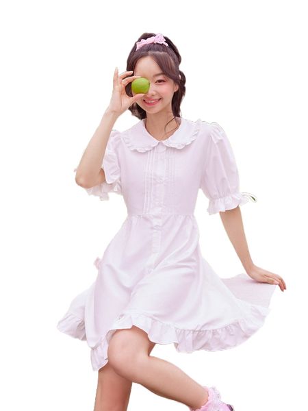 

kawaii solid button front statement collar puff sleeve dress c1cv#, Black;gray
