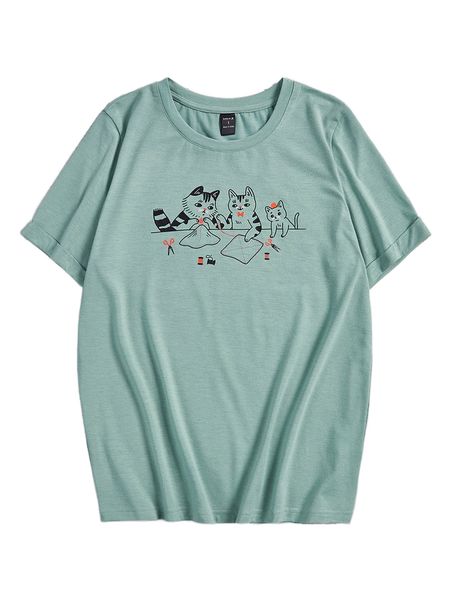 

x. kitty lesson cat print r.ound n.eck tee r8lj#, White