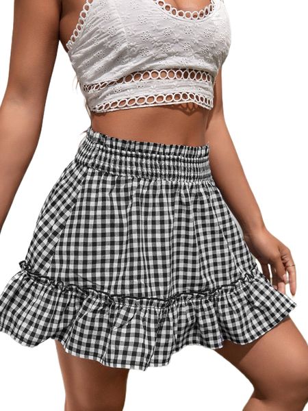 

gingham print paperbag waist ruffle hem skirt f4wl#, Black
