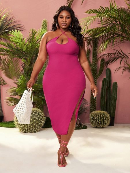 

sxy plus halter neck split thigh bodycon dress y4lw#, Black