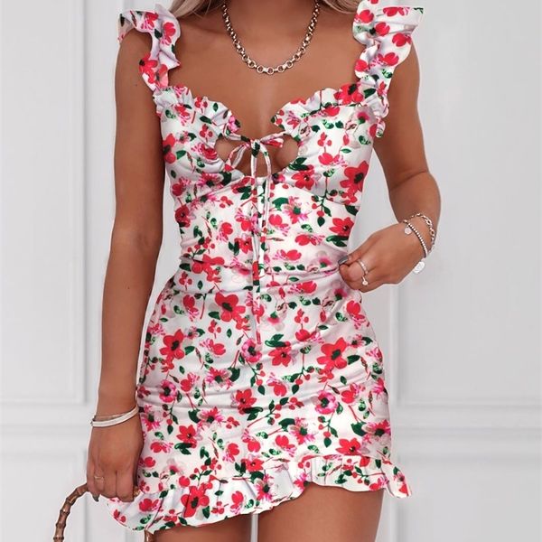 

2020 summer floral print tied detail ruffles mini dress women sleeveless casual vacation beach short dresses t200603, White;black