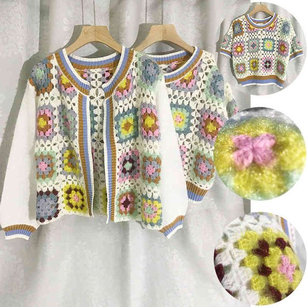 

women's knits & tees autumn women's wear long sleeve contrast jacquard embroidery hollowed out loose knit cardigan coat, White