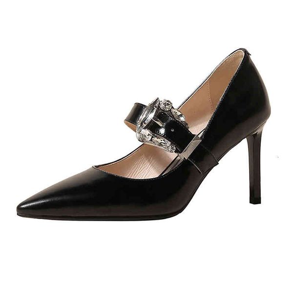 

dress shoes spring and summer women's leather shoes pointed thin heels high metal fashion belt buckle single 5l0m, Black