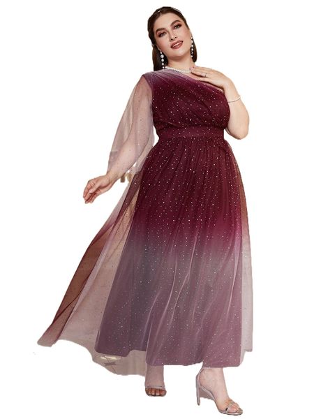 

plus one shoulder ombre sequin mesh prom dress t3vx#, Black