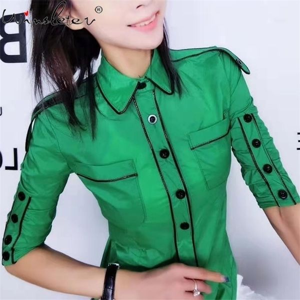 

spring women blouse thin shirt bordered buttons decoration turn-down collar dual pockets half sleeve slim t02718b 210326, White