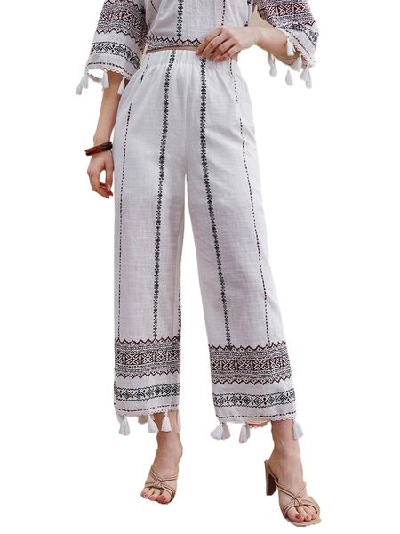 

tassel hem graphic print pants g2qs#, Black;white