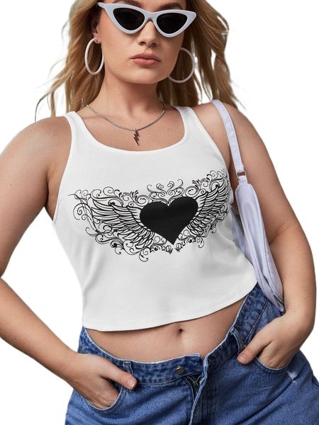 

plus heart & wing print rib-knit tank w8ar#, Black