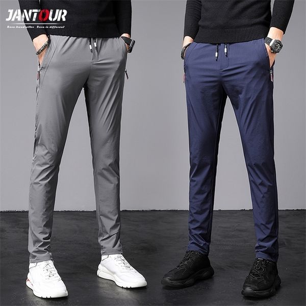 

summer thin casual pants men slacks jogging outdoor slim for male korean blue gray pocket zipper trousers 28-38 220325, Black