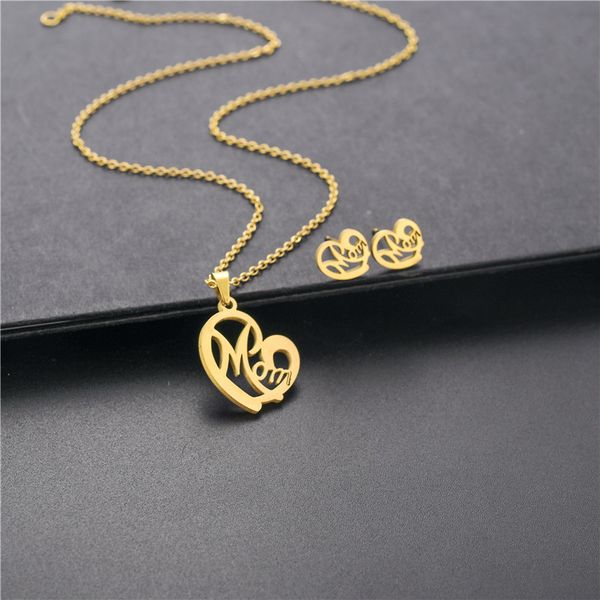 

europe and the united states stainless steel heart-shaped mom necklace stud set, Silver