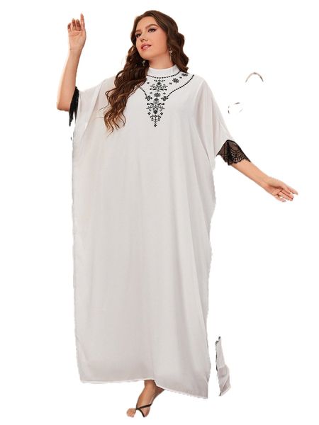 

plus floral embroidery contrast lace tunic dress f1ge#, Black