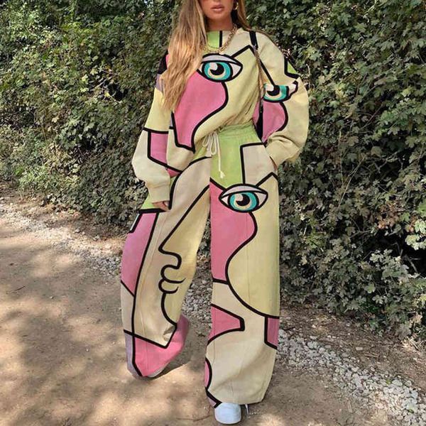 

women's two piece pants 2022 women's casual round neck loose print basic sweater set lfzs, White