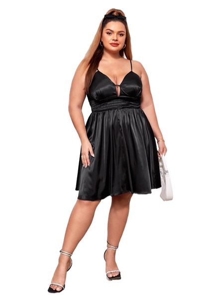 

plus cut out front shirred satin cami dress z8xd#, Black