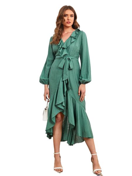 

ruffle trim lantern sleeve wrap hem belted dress m2j1#, Black;gray