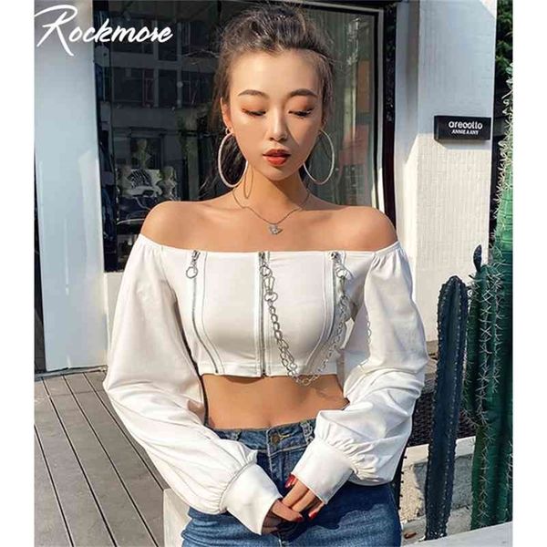 

rockmore double zipper chain tshirt women black gothic crop long puff sleeve square collar backless shirts casual t-shirt 210322, White