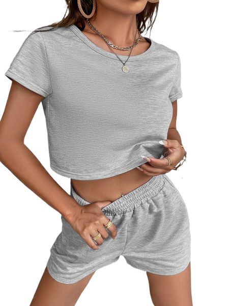

solid crop tee & shorts 47pq#, White