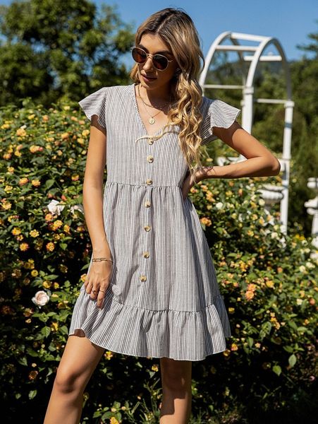 

v-neck butterfly sleeve striped smock dress a9fe#, Black;gray