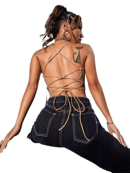 

lace up open back textured cami n4vx#, White