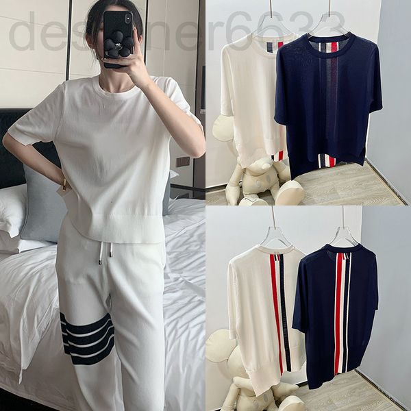 

women's sweaters designer tb back ribbon ice silk hemp mesh red lapel short sleeve polo shirt female couple fashion t-shirt brand pven, White;black