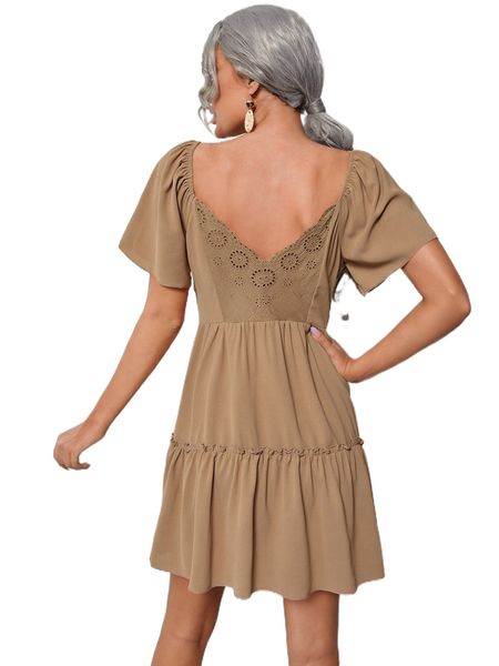 

contrast schiffy v-back a-line dress k5mm#, Black;gray