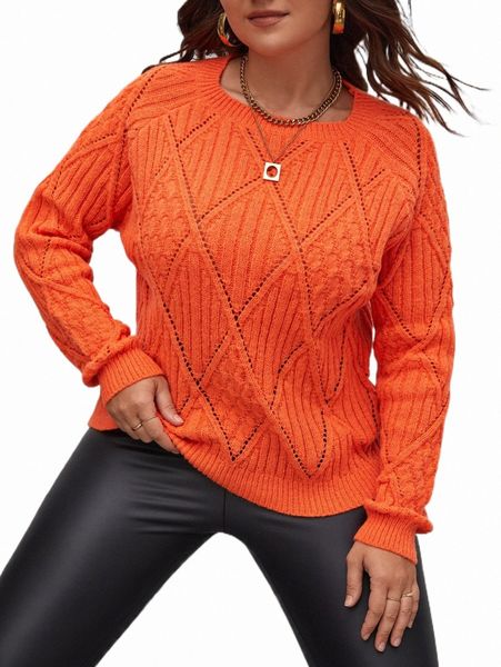 

plus raglan sleeve pointelle knit sweater e1go#, Black