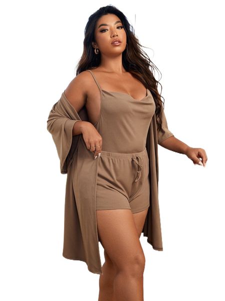 

plus draped collar crisscross back tie front lounge set with robe t1xi#, Black;white