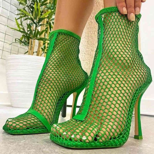 

women boots 2022 summer new women's fashion square toe hollow mesh zipper stiletto ankle sandals nightclub banquet shoes 0719, Black