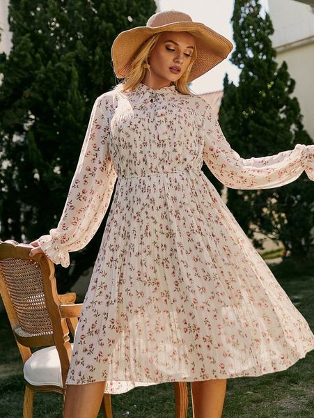 

simplee plus ditsy floral bishop sleeve tie neck pleated dress a6um#, Black