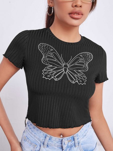 

butterfly print lettuce trim rib knit tee q9lv#, White