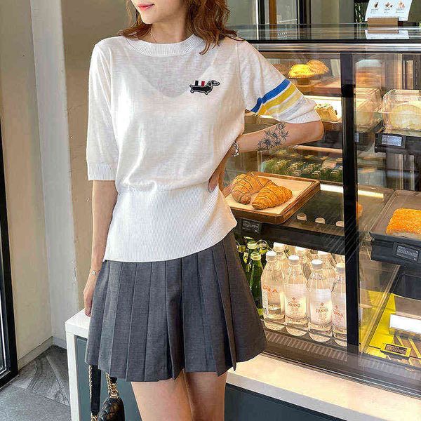 

spring and summer tb t shirt color bar four stripe dog embroidery mark round neck knitting short sleeve women's leisure loose and breat, White