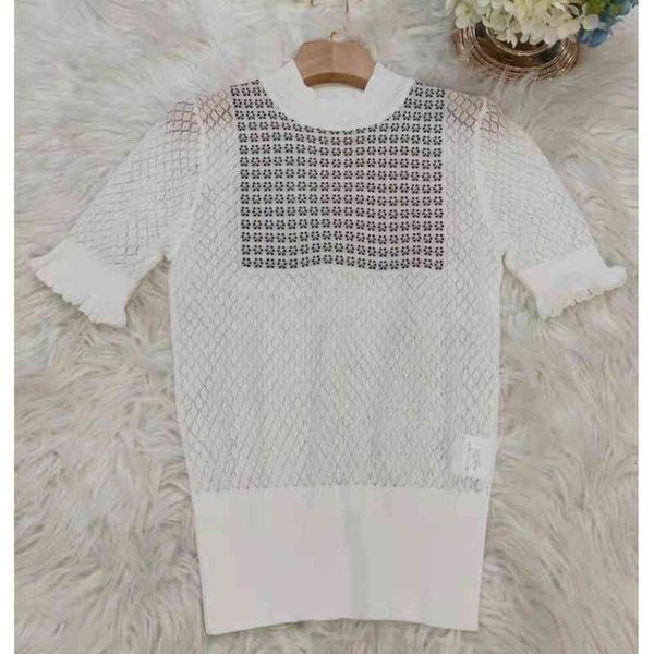 

women's knits tees korean women's exquisite aging thin jacquard hollowed out wood ear edge short sleeve knit top, White