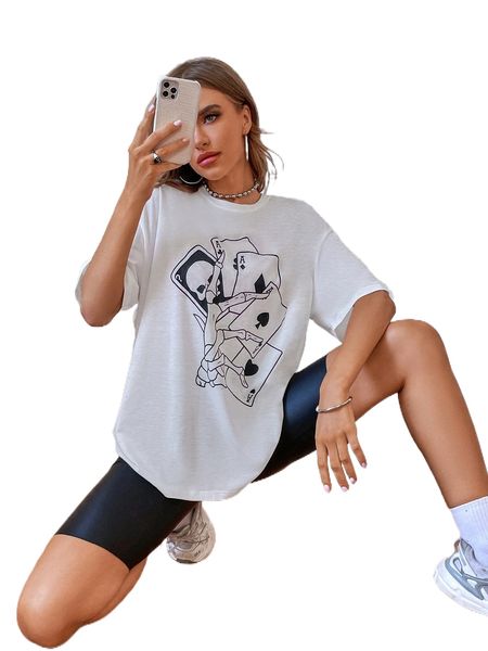 

playing card & skull print oversized tee f386#, White