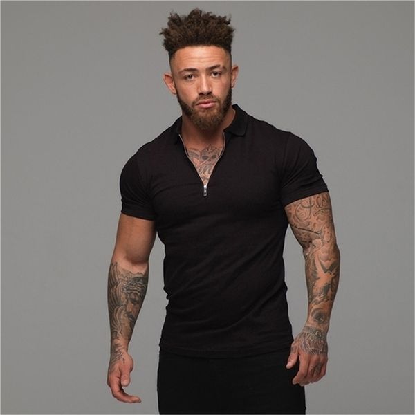 

muscleguys man fashion polo shirt casual fashion plain color short sleeve slim polo shirt men fitness polo homme 220706, White;black