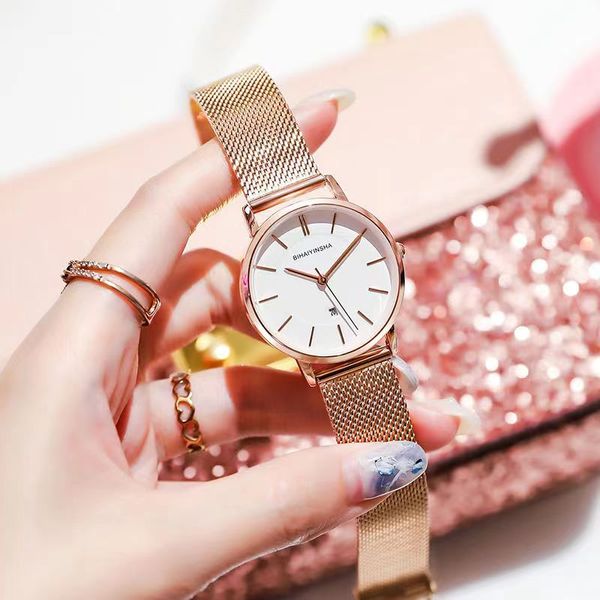 Designer feminino de alta qualidade de moda casual relógios luminosos, senhoras e meninas, assistem aos fabricantes de quartzo atacado Round Mesh Strap Watch