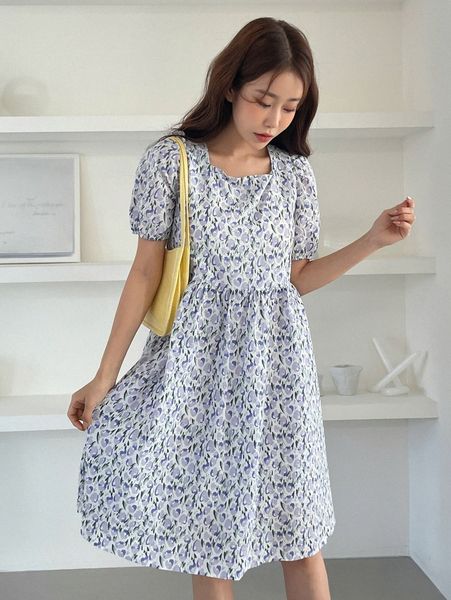 

dazy allover print puff sleeve tie back dress 6617#, Black;gray