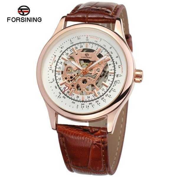 

quality forsining high brand luxury men fashion skeleton wristwatch classic retro design transparent case creative self-wind mechanical, Slivery;brown