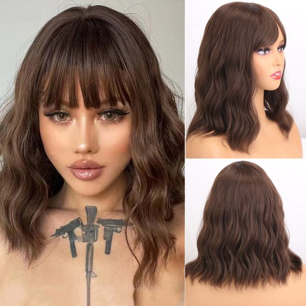 

lx brand short bob synthetic wig with bangs ombre pink water wave hair wigs for women daily 14inch natural cosplay wig heat resistantfactory, Black