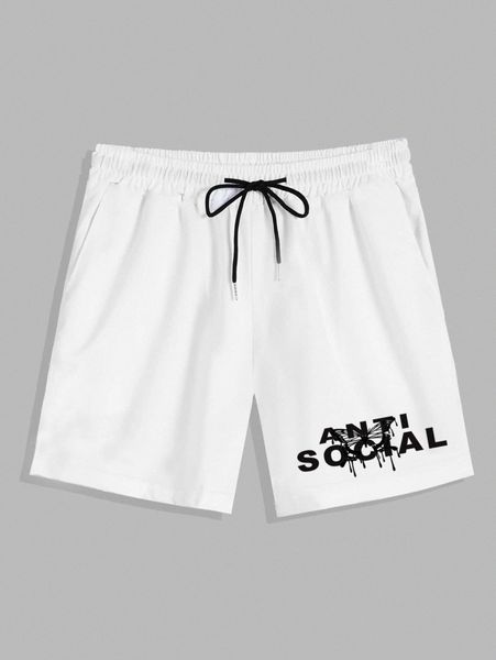 

romwe guys letter butterfly graphic drawstring shorts j0bn#, White;black
