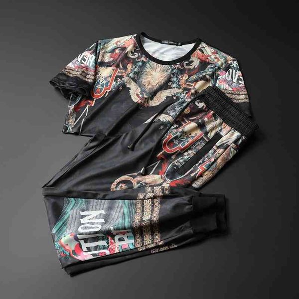 

men's sports fashion trend brand clothing summer new short sleeve t-shirt set slim fit printed casual pants, Gray