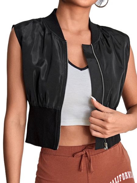 

zipper front baseball collar vest bomber jacket f0f8#, Black;brown