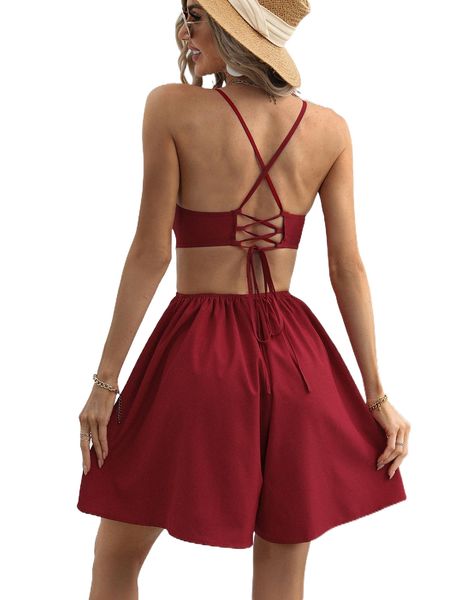 

lace up backless ruched cami romper y12h#, Black;white