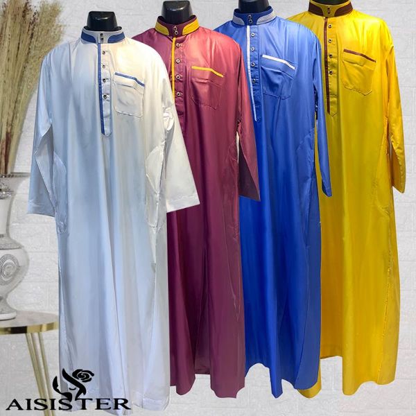 

ethnic clothing ramadan 1piece men's jubba thobe kaftan long pakistan qatar abaya muslim saudi arabia djellaba islam prayer robe collar, Red