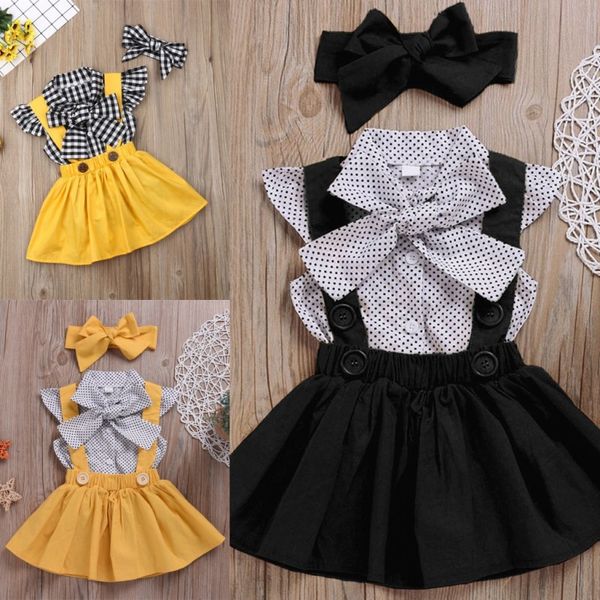 Yaz Kids Giyim Setleri Yeni doğan kız bebek Ekose Bow T Shirt Düğmesi Askı Etek Kafa Kıyafetleri 2 PCS Giysiler Set Toddler Kız Kıyafet 2314 V2