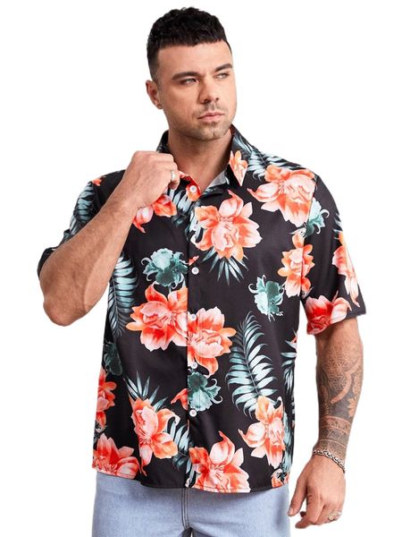 

extended sizes men floral & tropical print shirt t9ys#, White;black