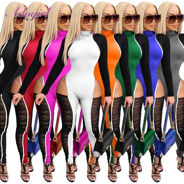 Женские комбинезоны Dompers Fitness Sexy Color Patchwork Sheer Mesh Night Party Club Skinny Jumpsuit Женский наряд с длинным рукавом Pla