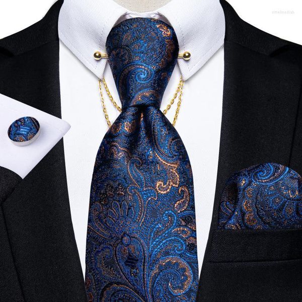 Papillon di lusso in oro blu con motivo cachemire in seta per uomo 8 cm Cravatta da sposa da uomo con fazzoletto da taschino Gemelli con spilla per colletto Regalo Fiocco Emel22