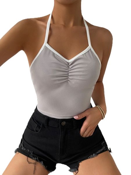 

ruched contrast binding tie backless halter 94vs#, White